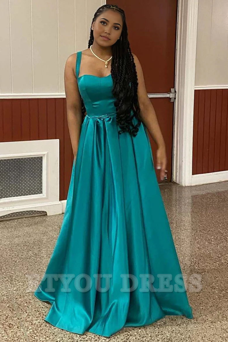 A-Line Scoop Straps Pleated Satin Sleeveless Long formal dresses evening gown Prom Dress